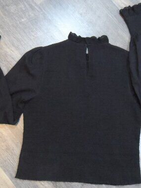 ME & EM (London) Shirred Bodice Frill Trim Black Blouse Boho Style Sz 10